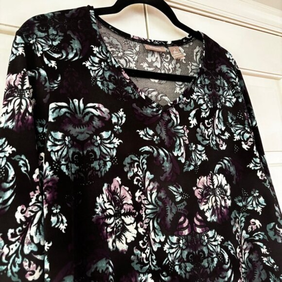 Chico's Size 2‎ Purple Black Teal Floral V Neck Blouse Chicos Large Flowy Slinky - Picture 4 of 8
